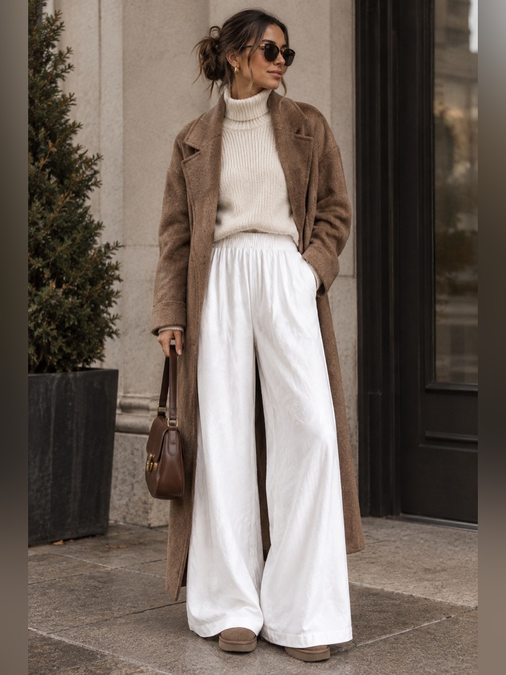 Women's White Elastic-Waist Linen Blend Wide Leg Comfort Pants Chic Size XL Tall